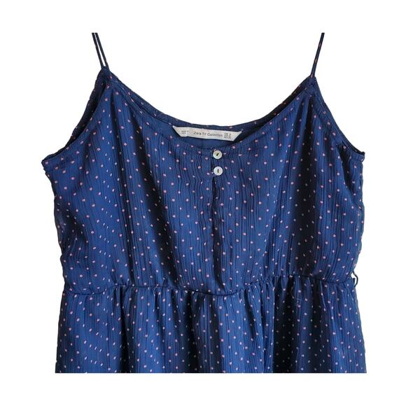 ZARA TRF COLLECTION Women Dress Size M Navy Blue Pink Polka Dots Spaghetti Strap - Picture 2 of 7